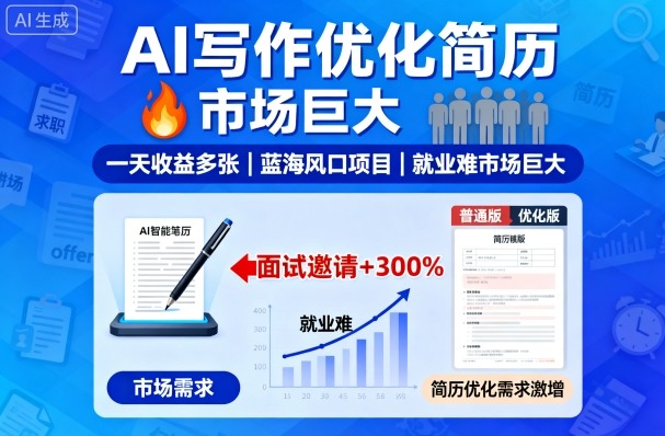 AI写作优化简历，一天收益多张，蓝海风口项目，就业难市场巨大-淘朋友