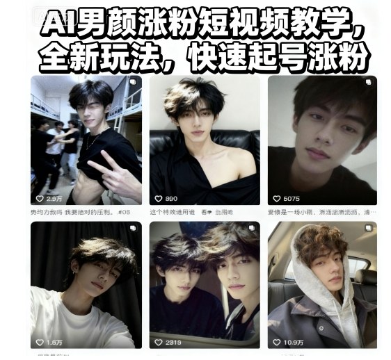 AI男颜涨粉短视频教学，全新玩法，快速起号涨粉-淘朋友