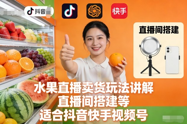 水果直播卖货玩法讲解、直播间搭建等,适合抖音快手视频号