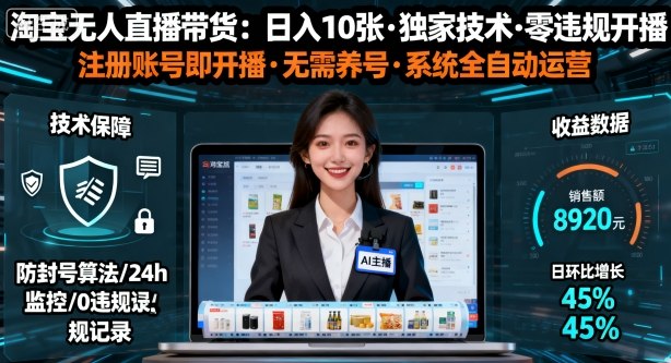 【最新】淘宝无人直播带货,日入10张,独家技术,无违规无封号,注册账号直接开播,不用养号【揭秘】