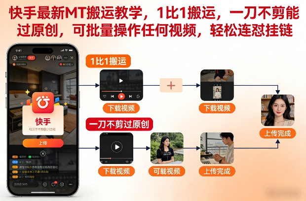 快手最新MT搬运教学，1比1搬运，一刀不剪能过原创，可批量操作任何视频，轻松连怼挂链-淘朋友