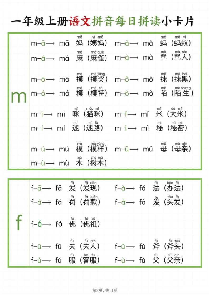 一年级上语文拼音每日拼读