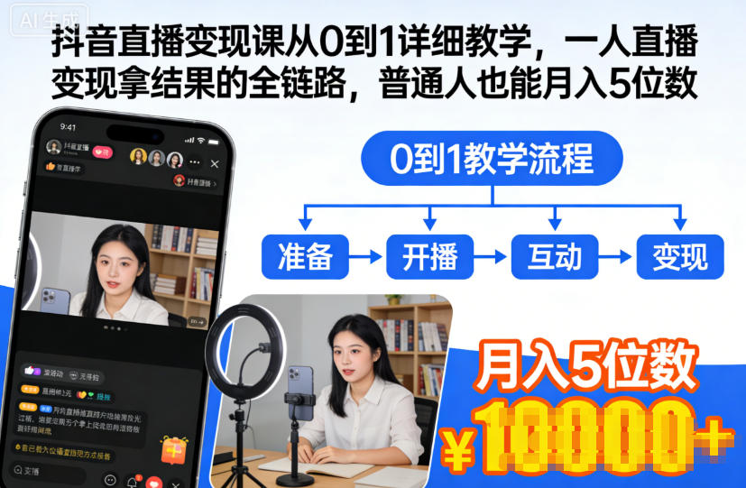 抖音直播变现课从0到1详细教学，一人直播变现拿结果的全链路，普通人也能月入5位数-淘朋友