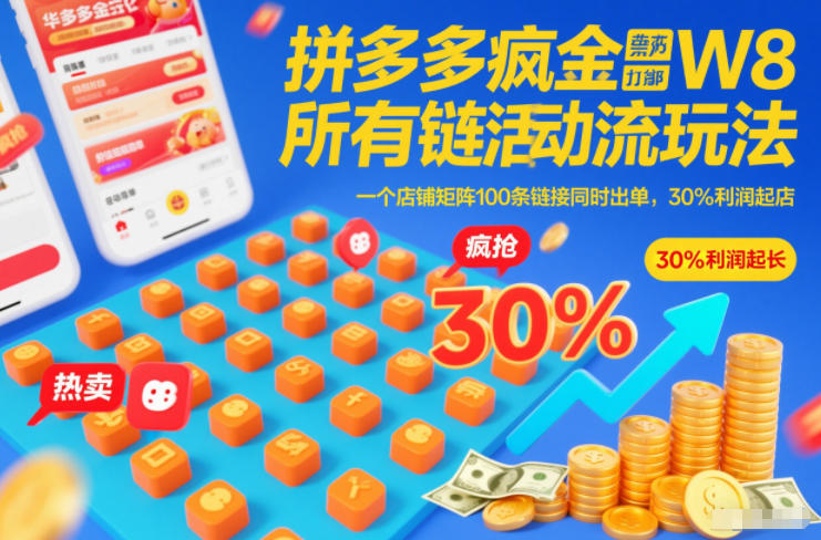 拼多多疯狂活动流玩法,所有链接全部打标,一个店铺矩阵100条链接同时出单,30%利润起店 拼多多疯狂活动流玩法,所有链接全部打标,一个店铺矩阵100条链接同时出单,30%利润起店