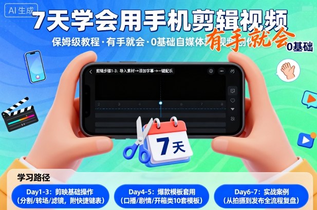 7天学会用手机剪辑视，保姆级教程，有手就会，0基础自媒体短视频创作教程-淘朋友