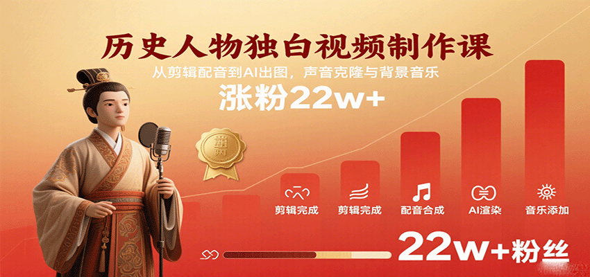 历史人物独白视频制作课,从剪辑配音到AI出图,声音克隆与背景音乐,涨粉22w+-淘朋友