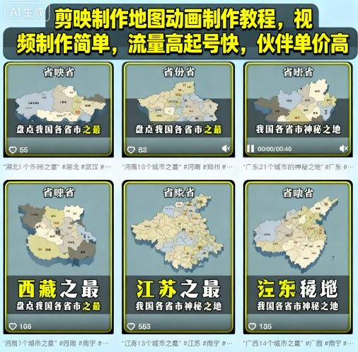 剪映制作地图动画制作教程，视频制作简单，流量高起号快，伙伴单价高-淘朋友