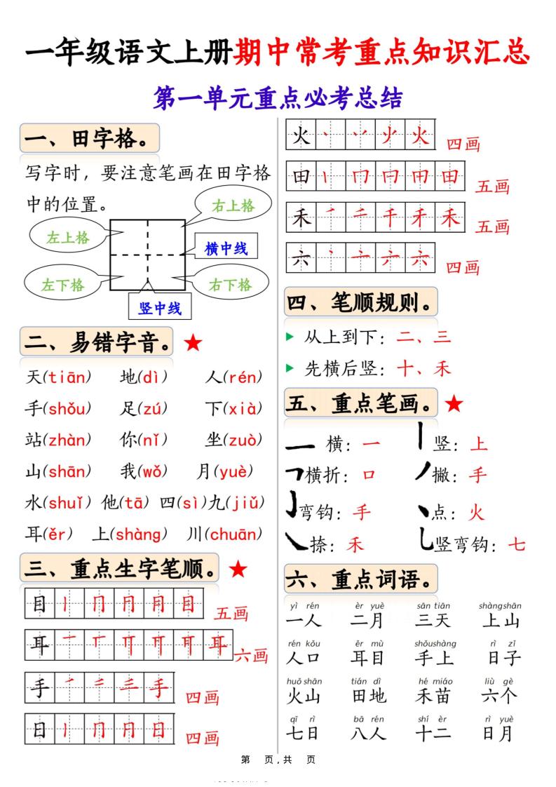 新一上语文1-4单元期中常考重点知识汇总8页-淘朋友