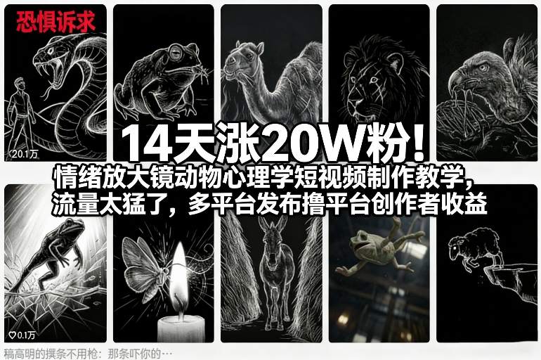 14天涨20W粉!情绪放大镜动物心理学短视频制作教学,流量太猛了,多平台发布撸平台创作者收益-淘朋友