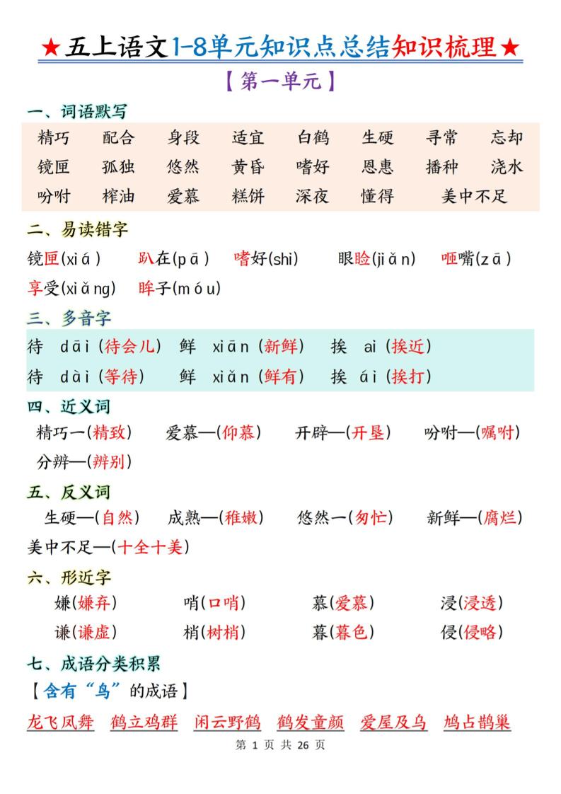 五上语文1-8单元知识点总结知识梳理26页-淘朋友