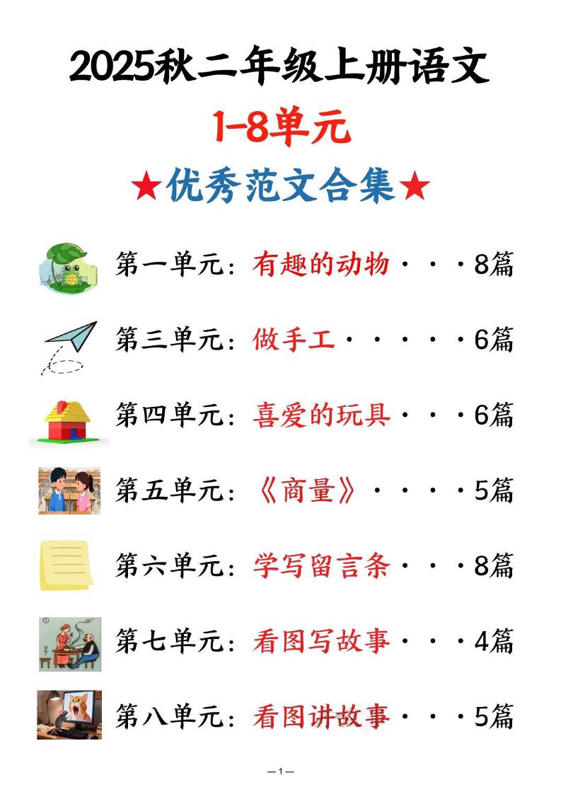 25秋二上语文1-8单元优秀范文合集（22页）-淘朋友