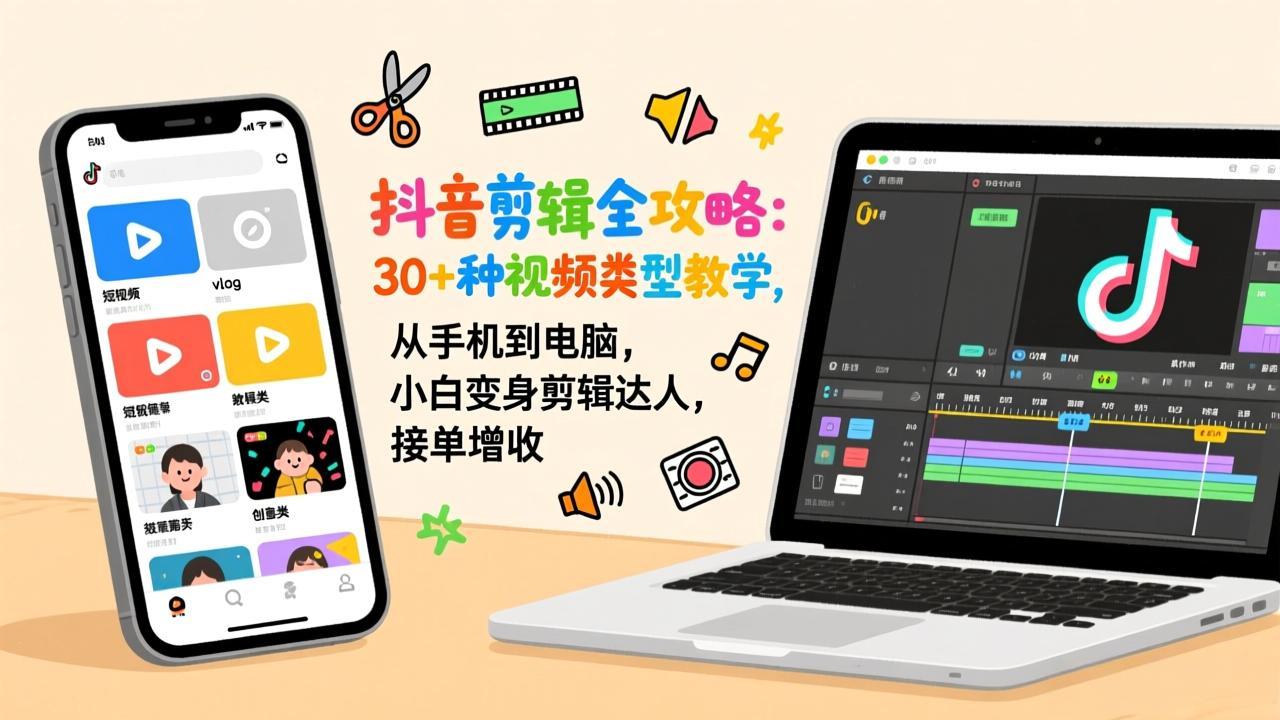 抖音剪辑全攻略：30+种视频类型教学，从手机到电脑，小白变身剪辑达人，接单增收-淘朋友