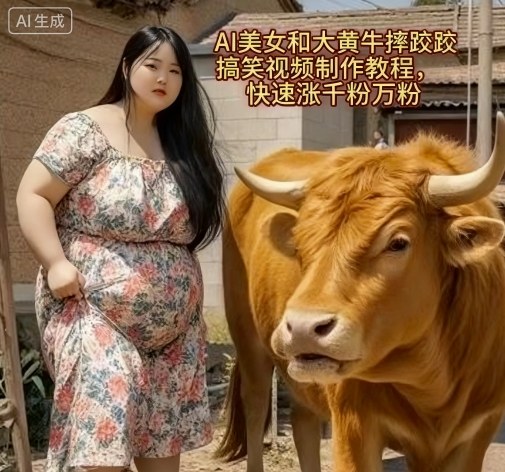 AI美女和大黄牛摔跤搞笑荒诞视频制作教程，快速涨千粉万粉-淘朋友