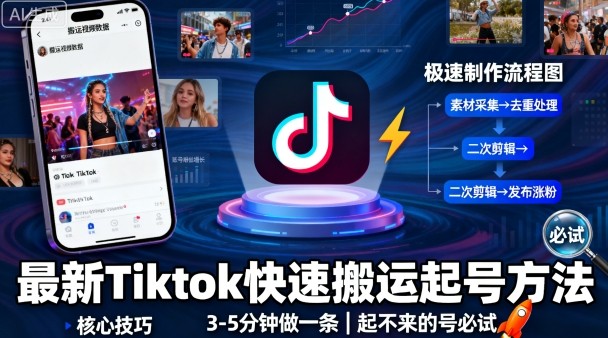 最新Tiktok快速搬运快速起号方法，3-5分钟做一条，起不来的号可以试试-淘朋友