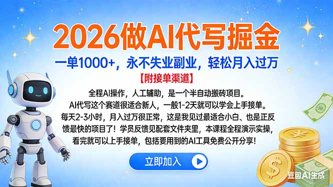 2026做AI代写掘金,一单1000+,永不失业副业,轻松月入过万-淘朋友
