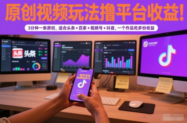 原创视频玩法撸平台收益,3分钟一条原创,适合头条+百家+视频号+抖音,一个作品吃多份收益-淘朋友