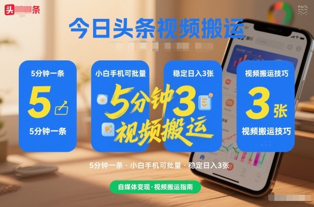今日头条视频搬运，5分钟一条，小白手机可批量，稳定日入3张-淘朋友