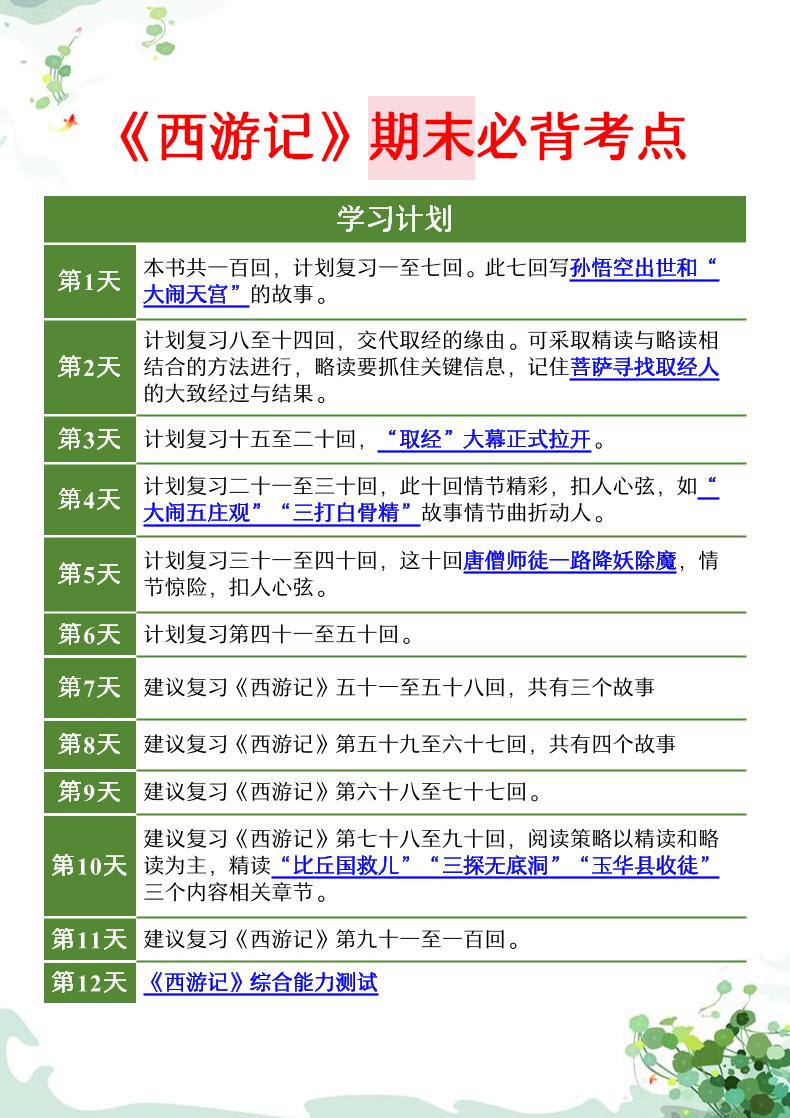 七年级上语文名著阅读日计划《西游记》-淘朋友