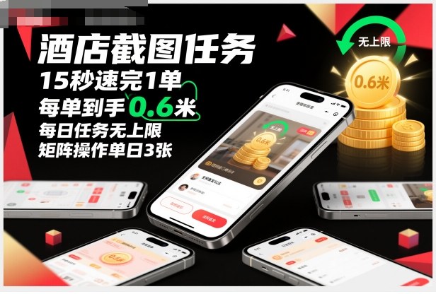 酒店截图任务，15秒速完1单，每单到手0.6米，每日任务无上限，全网首发玩法，矩阵操作单日3张【揭秘】-淘朋友