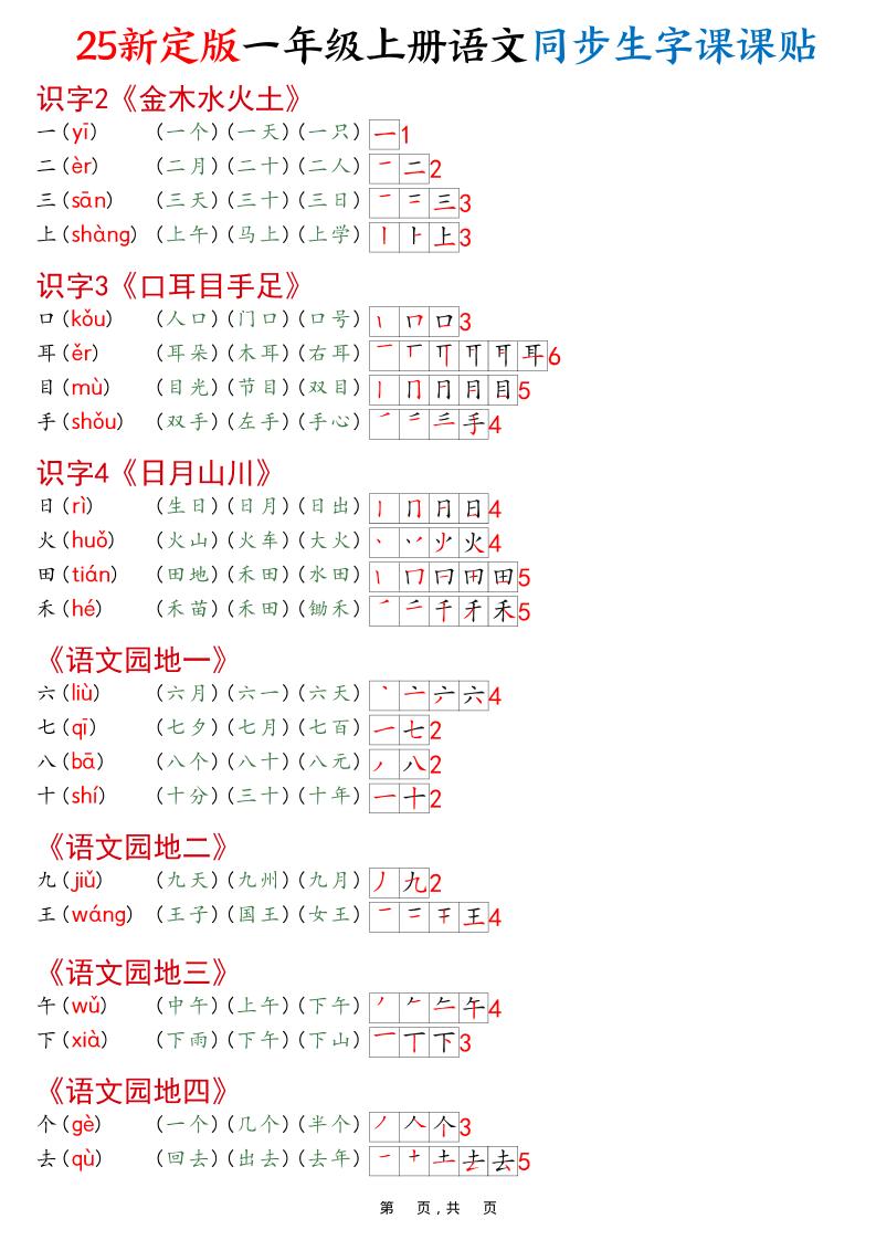 一年级上语文25最新版同步生字课课贴-淘朋友