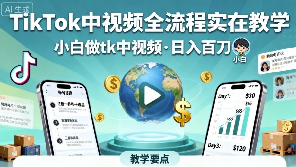 TikTok中视频全流程实操教学，小白做tk中视频，日入百刀-淘朋友