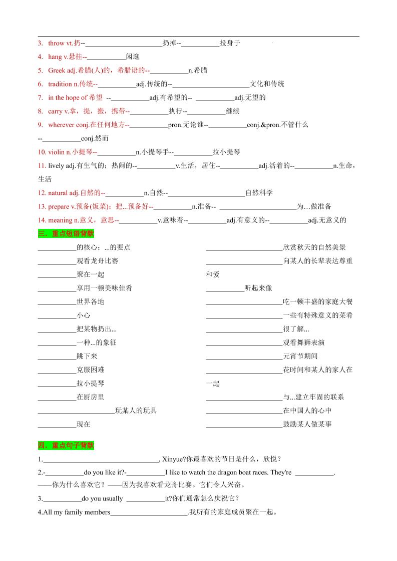 七年级上英语Unit8知识清单背默