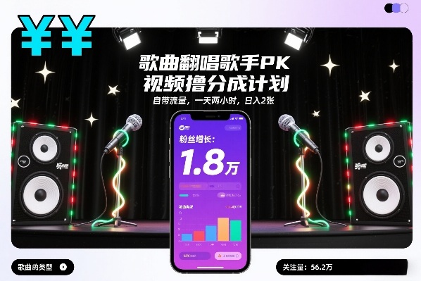 歌曲翻唱歌手PK视频撸分成计划，自带流量，一天两小时，日入2张-淘朋友